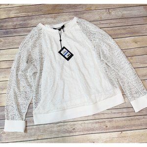 DKNY Women’s Dolman Sleeve Mesh Metallic Beaded long Sleeve Top White Size XL